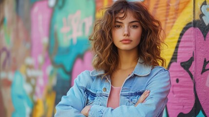 Fototapeta premium Confident woman standing with arms crossed in front of a vibrant, artistic background, showcasing a blend of colors and creativity.