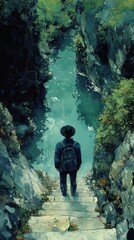 A lone traveler with a backpack and hat stands at the edge of ancient stone steps, gazing into the tranquil blue waters of a secluded natural gorge