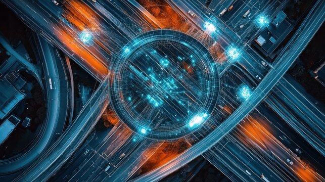 Futuristic Highway Interchange Aerial View with Neon Effects and Digital Connectivity in Cyberpunk Style - Powered by Adobe