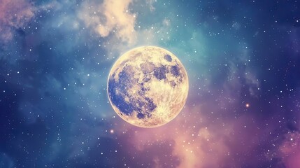 Obraz premium A vibrant cosmic scene featuring a large moon surrounded by colorful nebulae and stars.