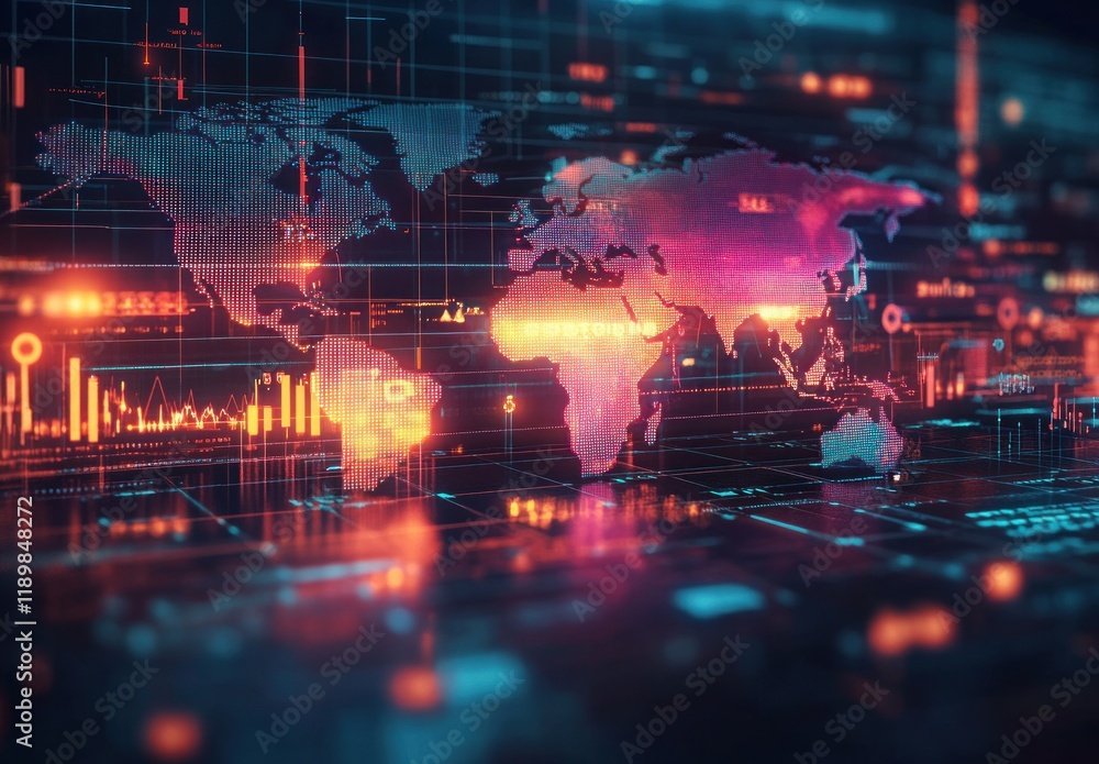 Poster digital world map neon colors financial data visualizations graphs cyberpunk technology growth