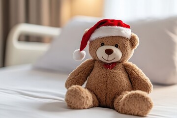Adorable Teddy Bear in Santa Hat Sitting on a Bed, Christmas Cheer, Holiday Festivities, Cozy Winter Scene, Festive Plush Toy, Soft and Cuddly