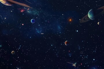 Naklejka premium A vibrant depiction of a cosmic scene filled with various planets and stars in deep space.