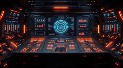 Obraz premium Futuristic spaceship bridge interior with glowing control panel and advanced digital interface