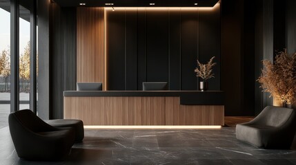 Dark contemporary waiting room interior featuring a wooden sideboard. The space exudes a modern, sophisticated vibe with its sleek design elements and muted color scheme.