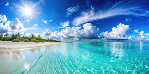 Obraz premium Coastal Paradise Panorama: Azure Sky, White Sand Beach, Bokeh Effect - Stunning Ocean View