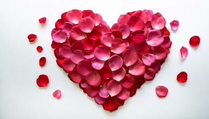 Heart shaped arrangement of pink and red rose petals.