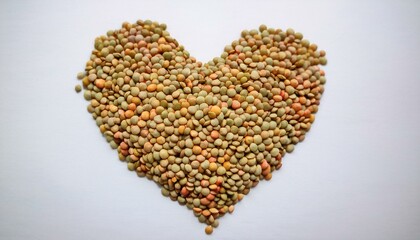 A heart-shaped pile of lentils on a white background.