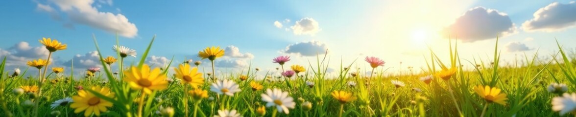 Obraz premium Scattered wildflowers on the grassy meadow with a bright blue sky at sunrise, morning, sky