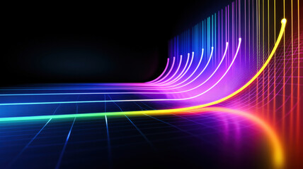 Dynamic and futuristic line graph featuring vibrant, glowing, multi-colored lines gracefully curving across a dark, sleek, and reflective background, displaying data trends