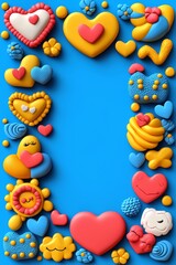 Fototapeta premium Colorful Playful Hearts Frame Blue Background
