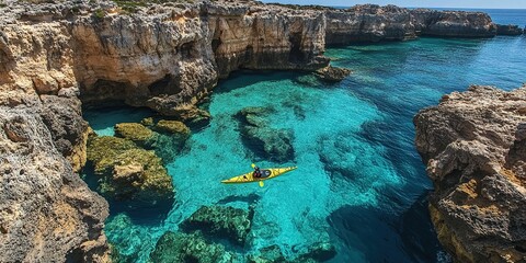 Naklejka premium Kayaking Crystal-Clear Waters: Exploring Coastal Caves and Hidden Lagoons in Summer