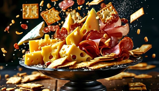 Cheese and meat platter with crackers gourmet kitchen food photography dark background close-up culinary delight
