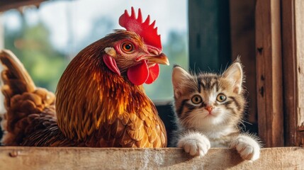 A hen and a kitten share a cozy space. AI.