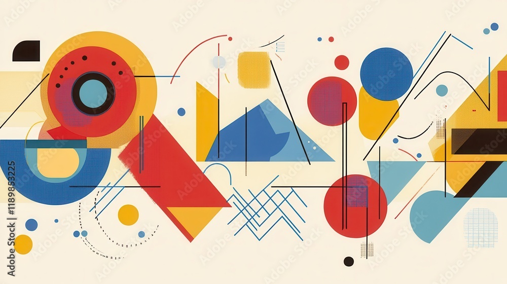 Fototapete geometric shapes and figures appear to be flying against a light background, creating a dynamic and 