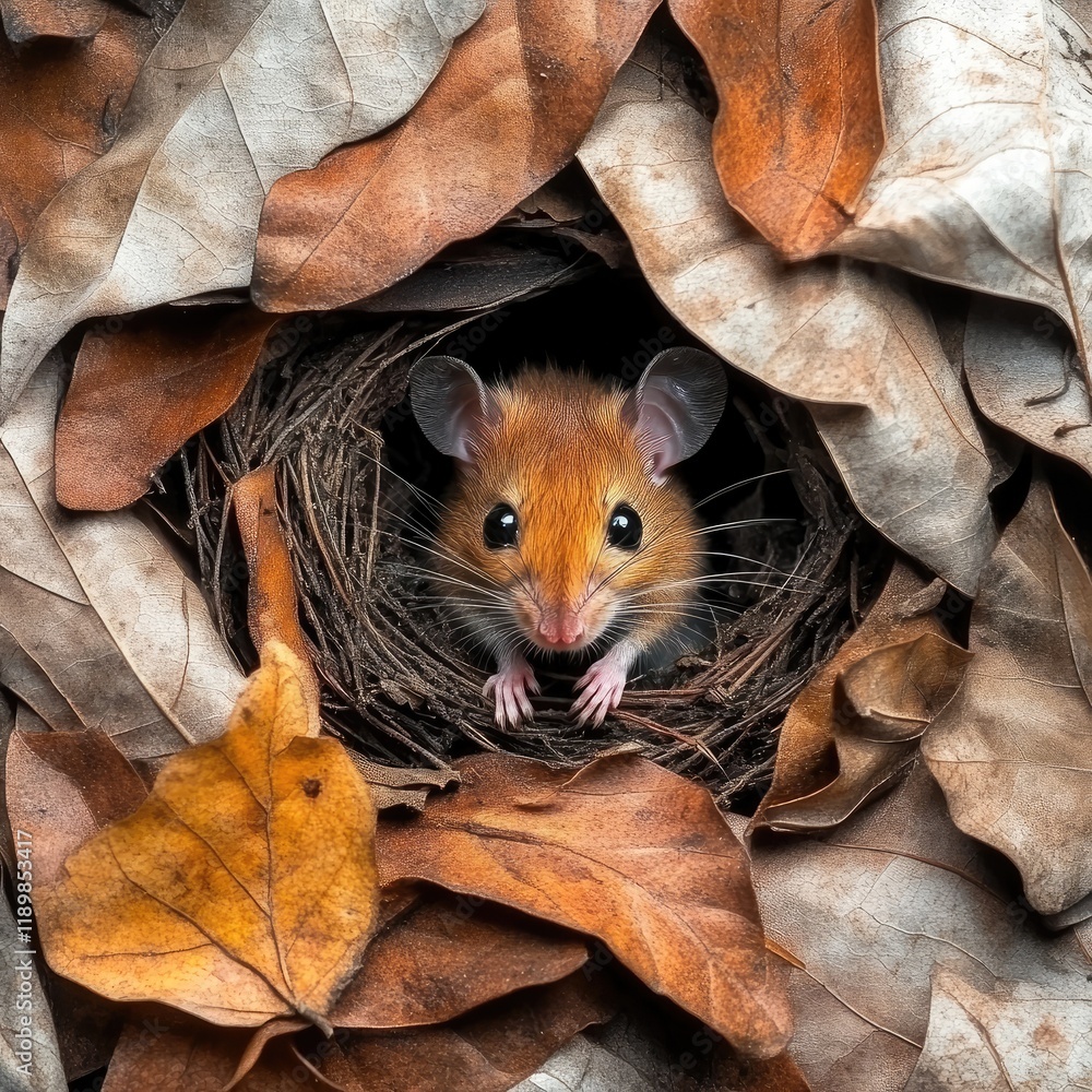 Poster curious mouse peeking from leafy nest in autumn setting with vibrant colors and textures