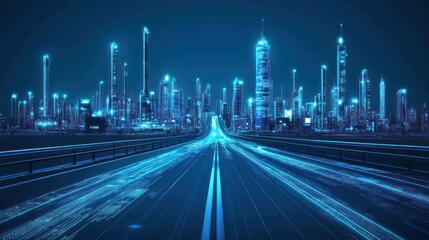 Fototapeta premium A futuristic road surrounded by high-tech factories and robotic vehicles, glowing neon accents, cyberpunk style 