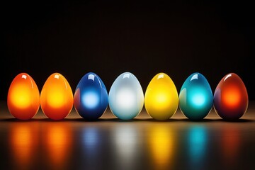 A beautiful arrangement of glossy, colorful eggs reflecting light on a dark background.