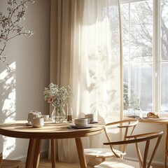 Cozy Scandinavian Breakfast Scene with Soft Morning Light and Floral Centerpiece