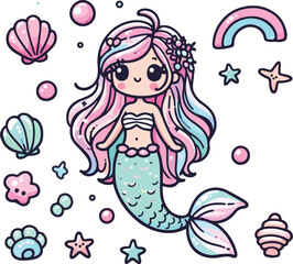 Cute cartoon girl mermaid with long hair, a smiling face