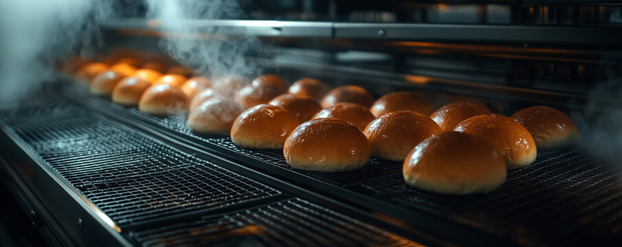 High-tech bakery producing fresh bread rolls on an advanced production line.