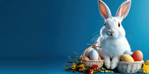 A cute white rabbit sitting next to colorful Easter eggs and flowers.