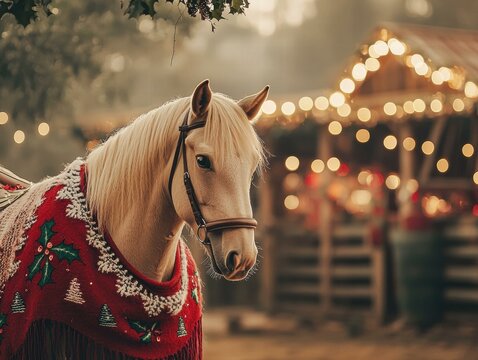 Festive horse wrapped in a holiday blanket. AI. - Powered by Adobe