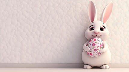 Easter bunny holding decorated egg standing against white textured wall