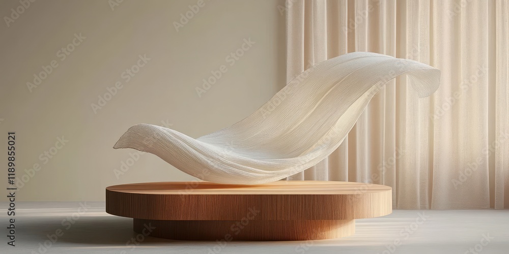 Poster minimalist podium for beauty product presentation with flowing beige fabric and wooden display in so