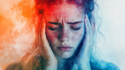 A moody watercolor illustration of a woman with her hands on her temples, conveying stress and sadness.