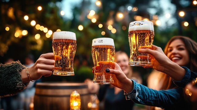 Happy friends toasting beer glasses at outdoor evening gathering with fairy lights and rustic barrel