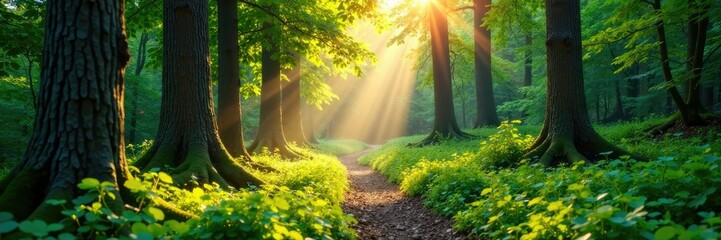 Obraz premium Sunlit forest floor with prominent tree trunks and lush greenery, landscape, woodland