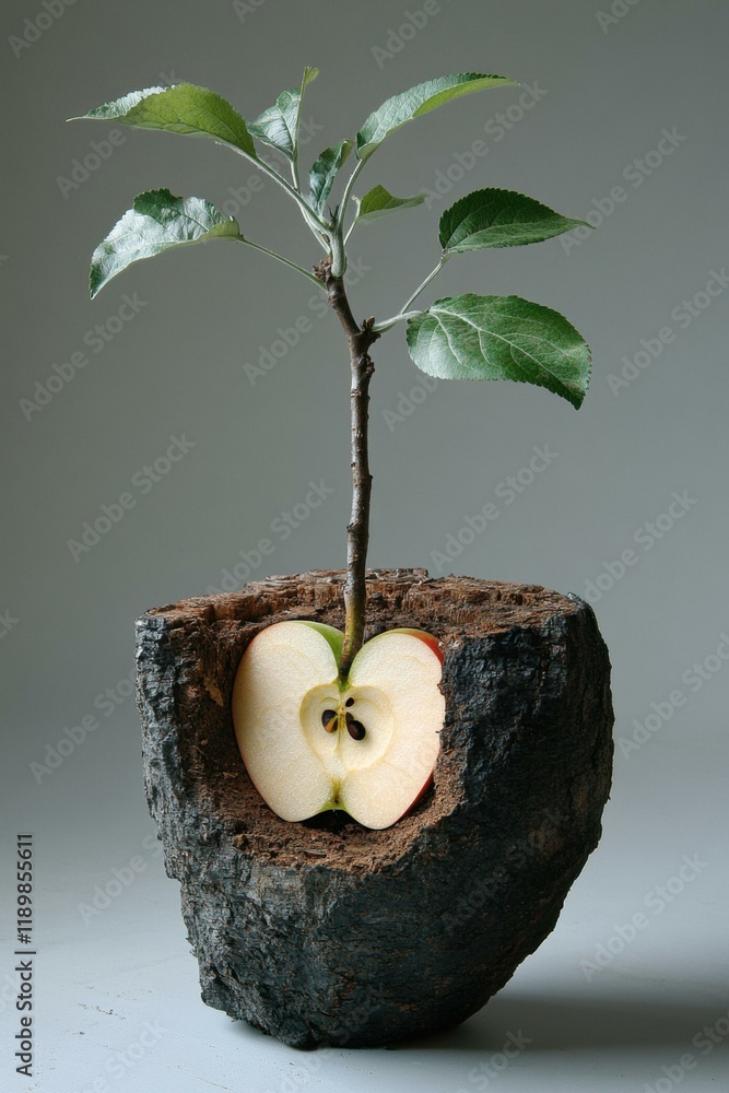 Poster a sapling growing from a halved apple in a rustic planter. ai.