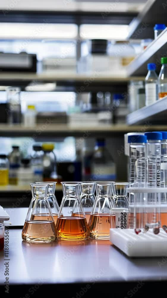 Poster laboratory setup featuring various glassware and colorful liquids during a scientific experiment