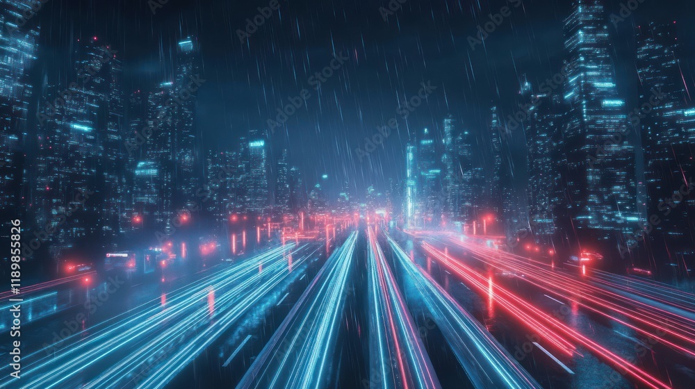 Poster futuristic cityscape night 3d rendering abstract highway digital network big data ai virtual reality