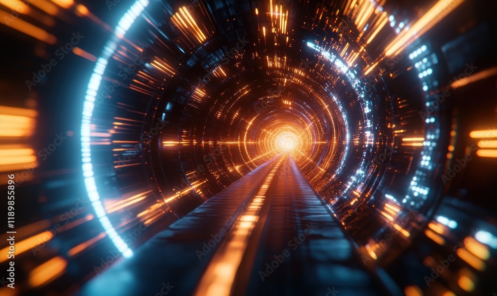 Aufkleber Abstract Sci-Fi Tunnel with Glowing Lines and Light Streaks Dynamic Speed Motion Blur Concept