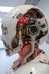 Fototapeta premium Artistic sculpture, A high-fidelity image of a futuristic humanoid robot sculpture, showcasing advanced design and artistry in digital form.