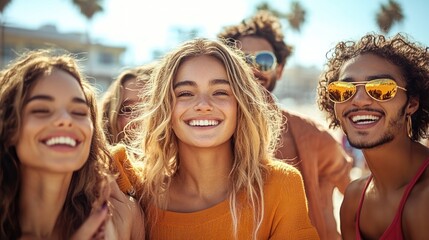 Friends Enjoying Beach Day Candid Photography Fun Multiracial Group Cheerful Youthful Outdoors