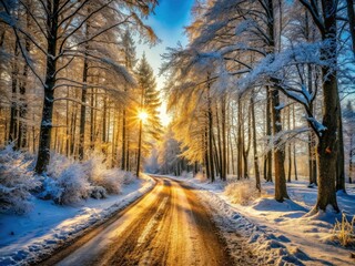 Frosty Gravel Road Forest Winter Landscape Photography - Scenic Winter Road Images