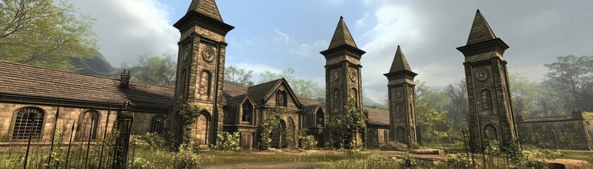 Fototapeta premium Majestic Stone Castle Surrounded by Towering Trees in a Serene Forest Landscape