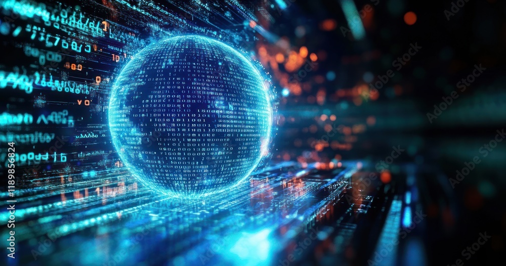 Poster futuristic earth globe digital landscape with binary code and neon lights
