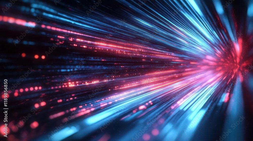 Poster dynamic abstract composition of glowing blue and red lines with motion blur and dramatic depth
