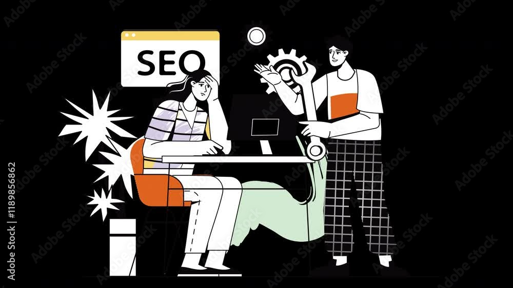 Poster a diverse group working on seo strategies at a computer.