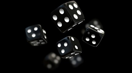 Black dice in mid-air against a black background.