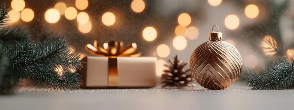 Christmas Scene with Gift Box and Golden Ornament in Minimalist Style Warm Lighting Background