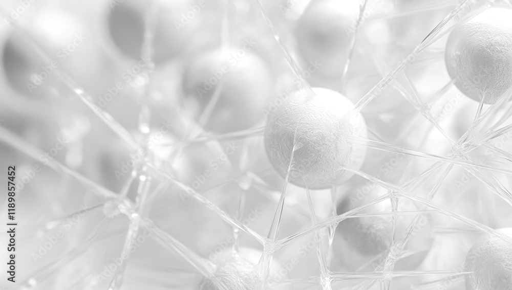Poster white spheres interconnected: abstract network structure, geometric shapes, 3d render, monochromatic