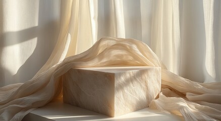 Minimalist 3D Display Podium Background with Soft Draped Silk Cloth and Natural Light for Cosmetic Product Presentation