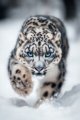 Fototapeta premium Snow leopard charging through the snow with intensity, its gaze fixed ahead, capturing the raw power and beauty of this elusive big cat.
