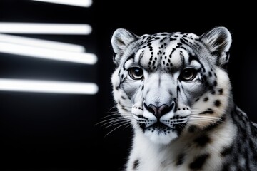 Close-Up Portrait of a Snow Leopard, Detailed Face and Fur Texture, Intense Blue Eyes, Soft Lighting