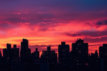 Fototapeta premium A vibrant sunset casts colorful hues over a city skyline, highlighting urban architecture.